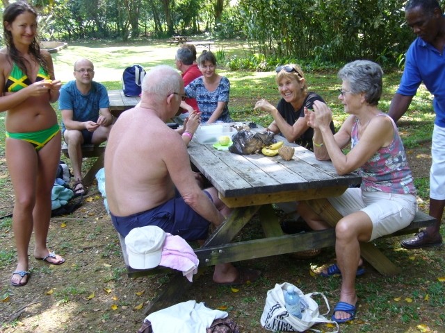 Guests gathered around an outdoor picnic table